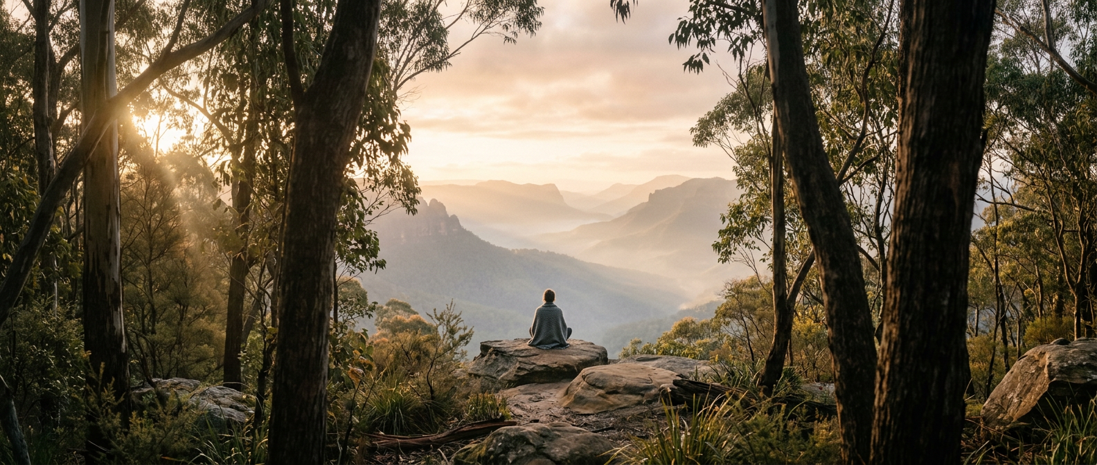 Meditator overlooking misty Australian mountains at dawn